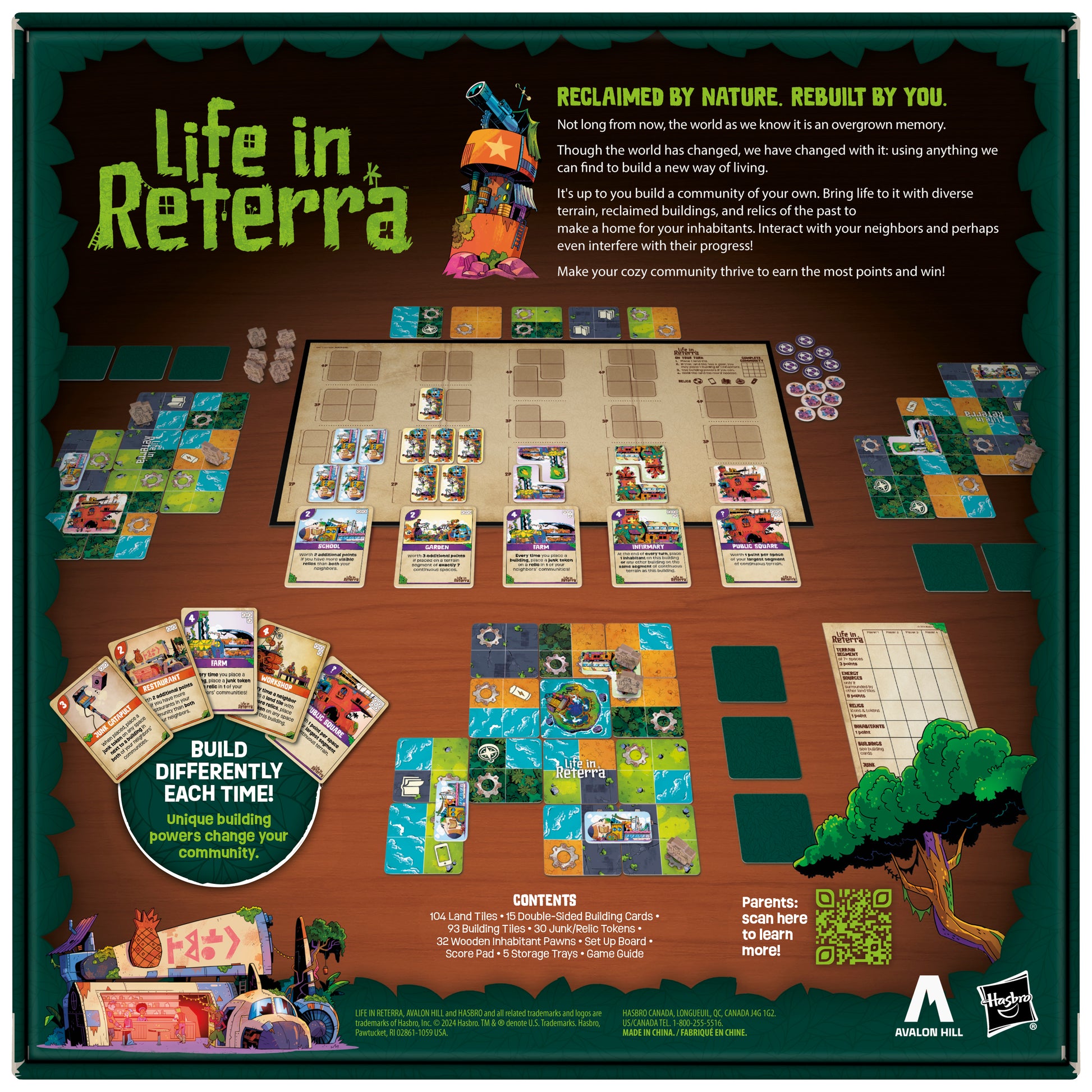 Life in Reterra - Board game setup with colorful square tiles, character cards, tokens, and money pieces on a green themed board titled Life.
