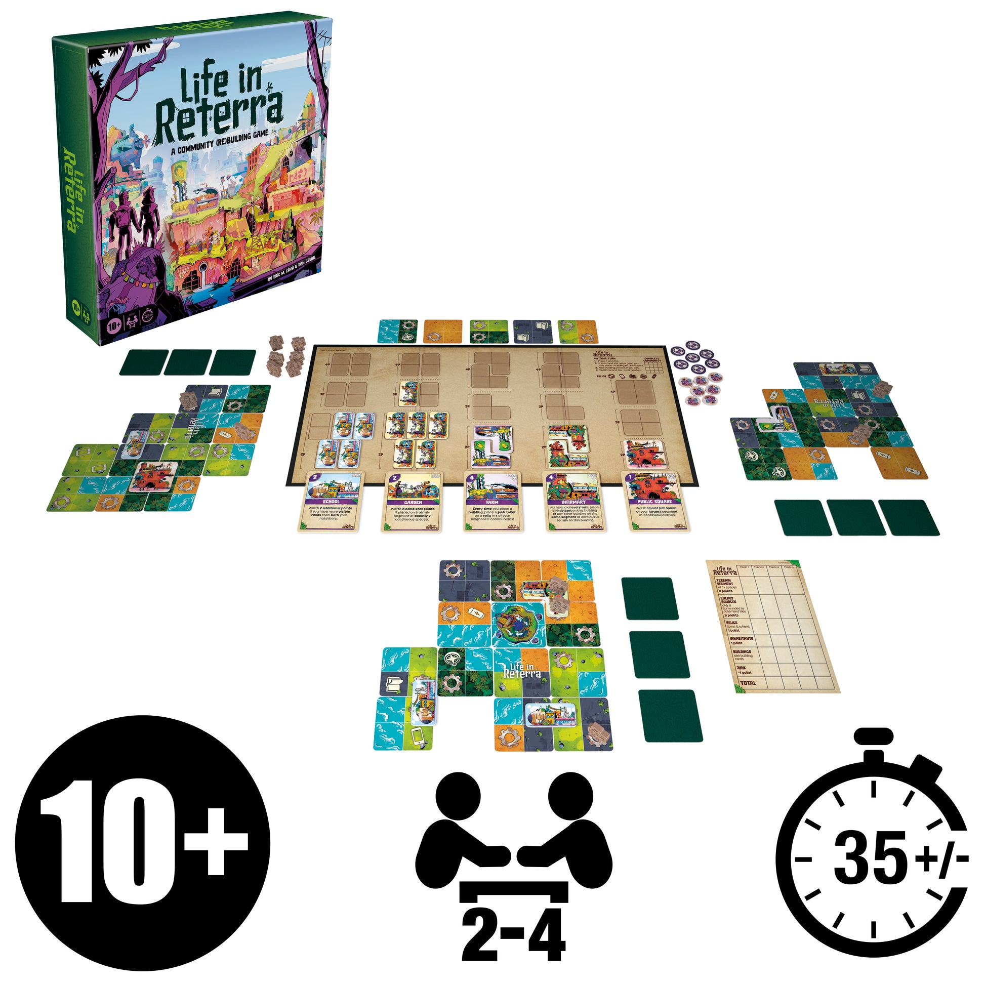 Life in Reterra - Colorful board game with illustrated tiles, cards, player boards, and a score sheet laid out on a light surface.