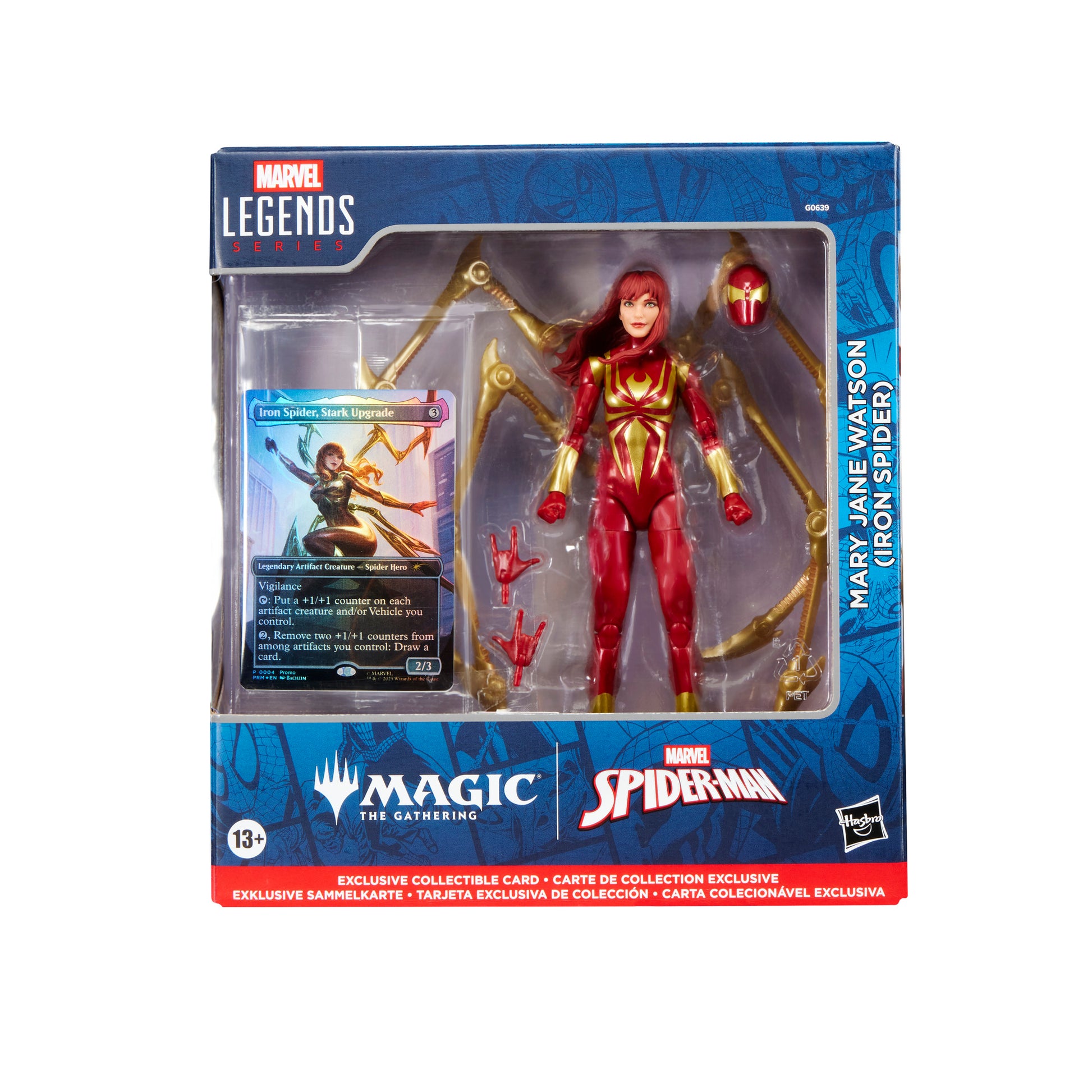 Marvel Legends Series Magic: The Gathering Mary Jane Watson (Iron Spider) - Red and gold Iron Spider Mary Jane Watson action figure with collectible card in blue Marvel Legends packaging.