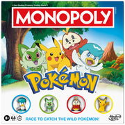 Monopoly Pokemon - Monopoly Pokemon board game box featuring Pikachu, Oshawott, Snivy, and Tepig characters on a colorful forest background.