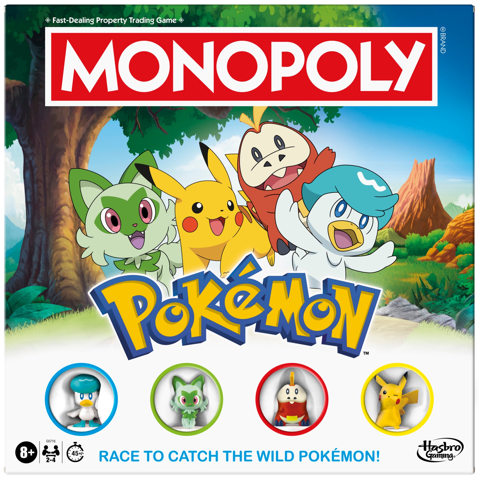 Monopoly Pokemon - Monopoly Pokemon board game box featuring Pikachu, Oshawott, Snivy, and Tepig characters on a colorful forest background.