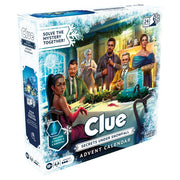 Clue Advent - Clue Advent calendar box featuring illustrated characters in a mansion setting with snow and candles, themed for mystery.