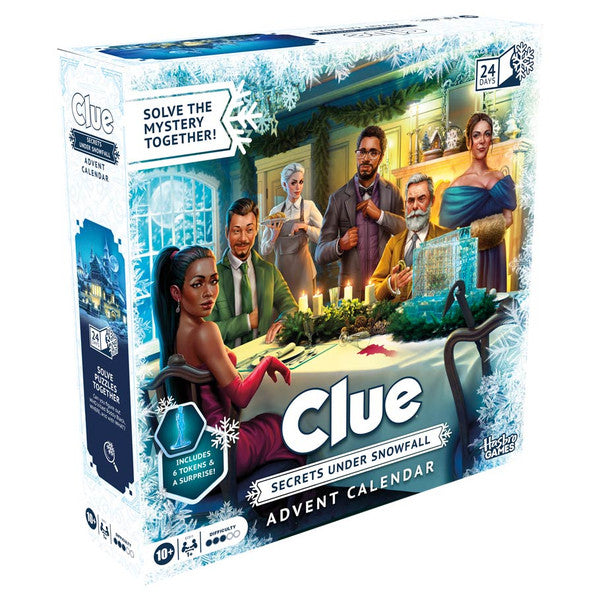 Clue Advent - Clue Advent calendar box featuring illustrated characters in a mansion setting with snow and candles, themed for mystery.