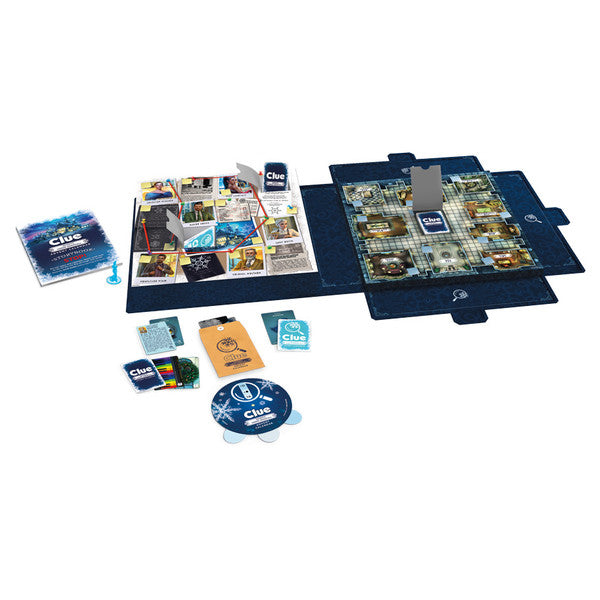 Clue Advent - Clue Advent board game with colorful cards, double-sided game board, detective notebook, and game pieces arranged on white.