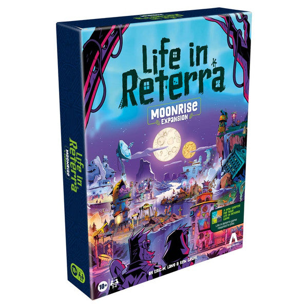 Life in Reterra: Moonrise Expansion - Life in Reterra Moonrise Expansion board game box with vibrant fantasy cityscape and glowing full moon illustration.