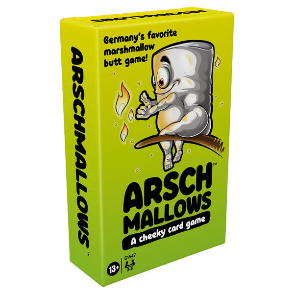 Arschmallows - Bright yellow card game box featuring a cartoon marshmallow character with eyes and legs, sitting on a branch, titled.