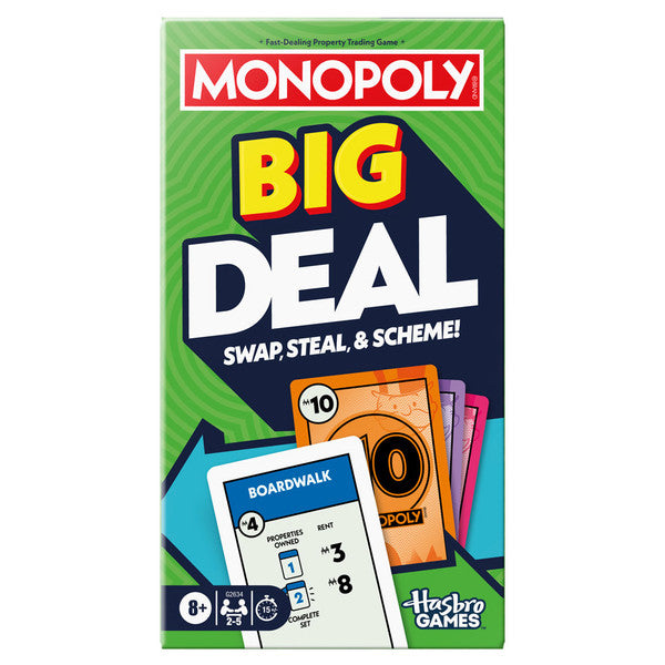 Monopoly Big Deal - Monopoly Big Deal card game box features bold yellow and white text on green and dark blue background with colorful game.