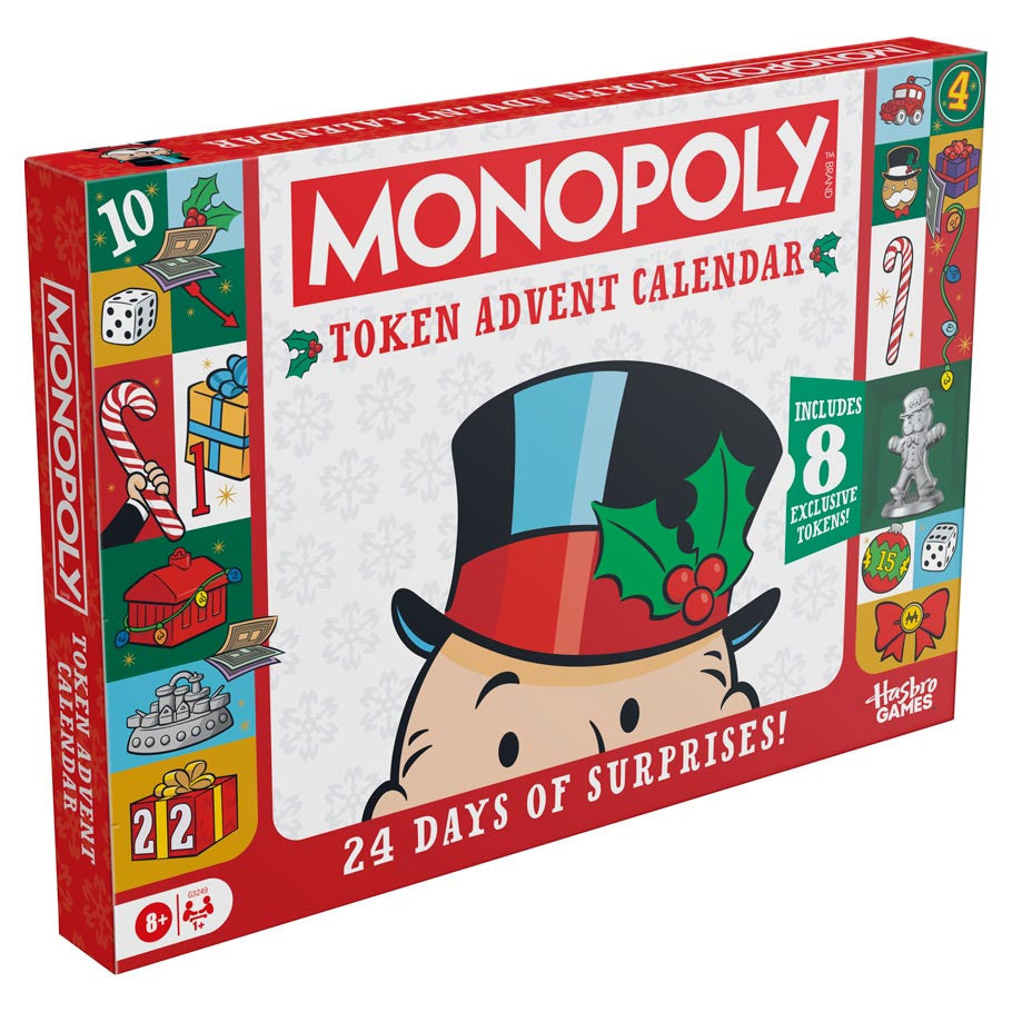 Monopoly: Token Advent Calendar 2026 - Red and white Monopoly Token Advent Calendar box featuring Mr. Monopoly with a holly-adorned top hat and festive.