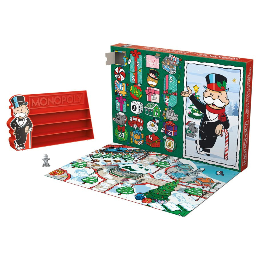 Monopoly: Token Advent Calendar 2026 - Monopoly Token Advent Calendar 2026 with colorful numbered doors, festive Mr. Monopoly illustration, game board, and red.