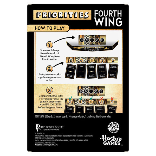 Priorities: Fourth Wing - Fourth Wing party game box with black, white, and gold design showing game components and instructions on how to play.