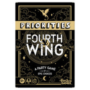 Priorities: Fourth Wing - Black and gold card game box with dragon and cloud illustration, titled Priorities Fourth Wing by Hasbro Games.