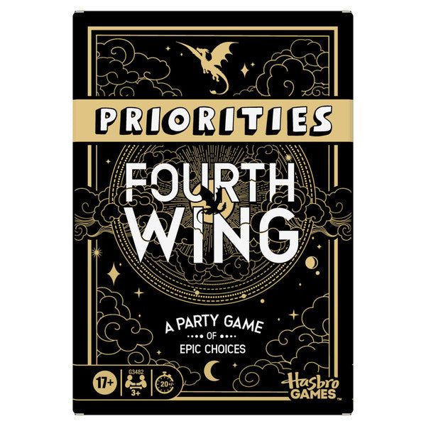Priorities: Fourth Wing - Black and gold card game box with dragon and cloud illustration, titled Priorities Fourth Wing by Hasbro Games.