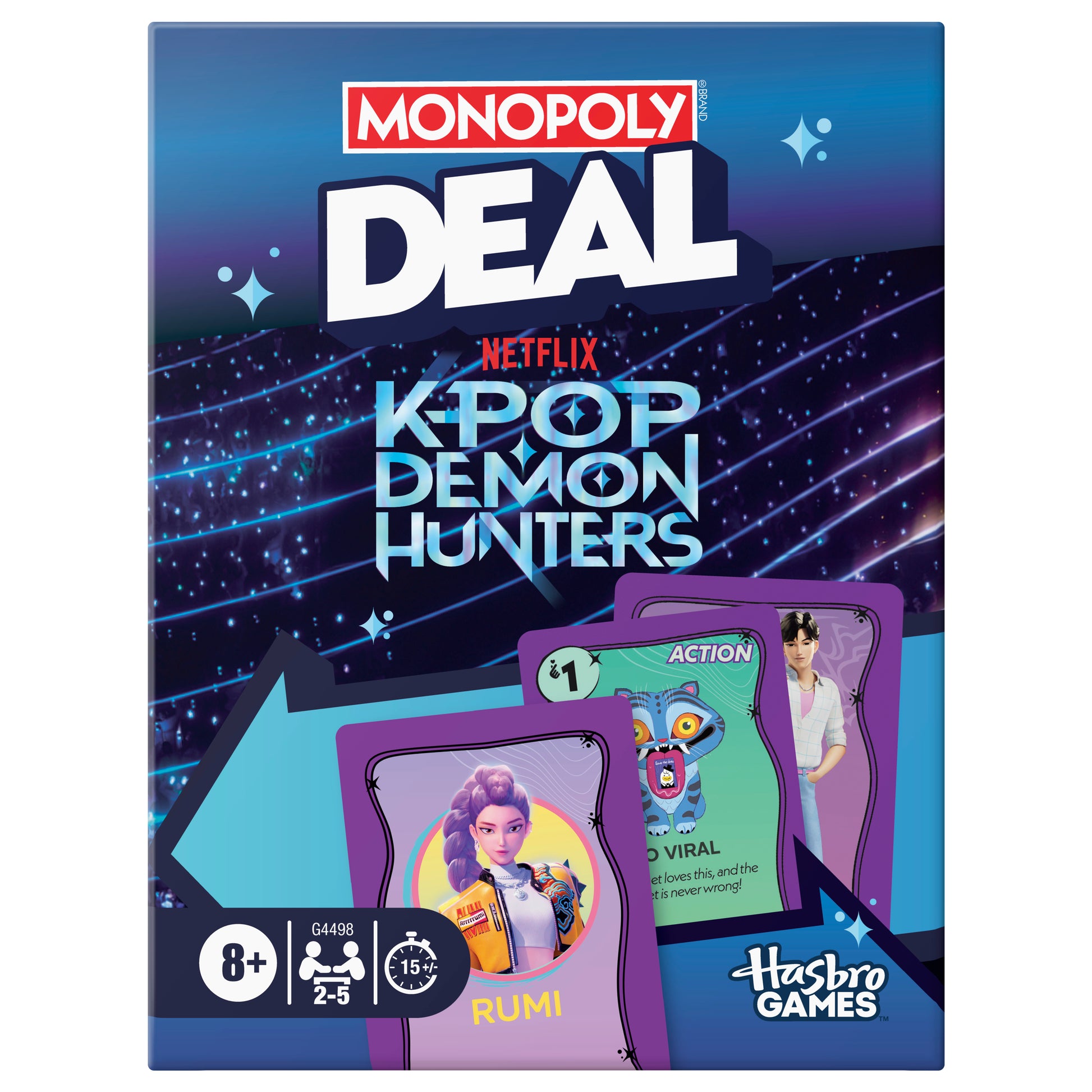 Monopoly Deal KPOP Demon Hunters - Monopoly Deal KPOP Demon Hunters card game box with purple and blue cosmic design, featuring colorful character cards and.