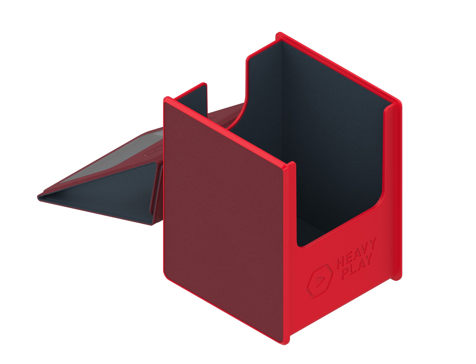 Heavy Play RFG Deck Box MAX 100 Double Sleeved Barbarian Red - Red rectangular deck box with black interior, designed to hold double-sleeved cards, featuring a detachable lid and sturdy.
