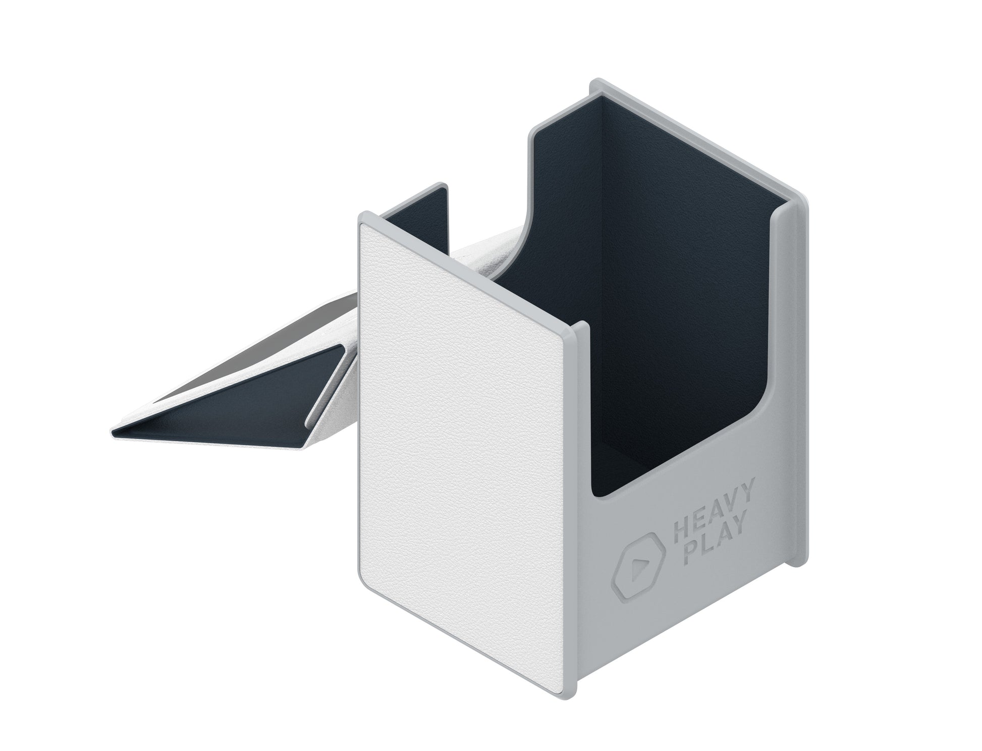 Heavy Play RFG Deck Box MAX 80 Double Sleeved Cleric White - White rectangular card deck box with hinged lid, black interior, and "Heavy Play" embossed logo on side.