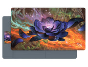 Heavy Play ETB Playmat: Art Masters Series - Lotus - Playmat featuring a large purple lotus flower with floating petals over a fiery orange and green cosmic background, smooth.