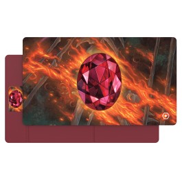 Heavy Play ETB Playmat: Art Masters Series - Ruby - Rectangular playmat with a large, faceted red ruby at the center, surrounded by fiery orange and dark swirling patterns,.