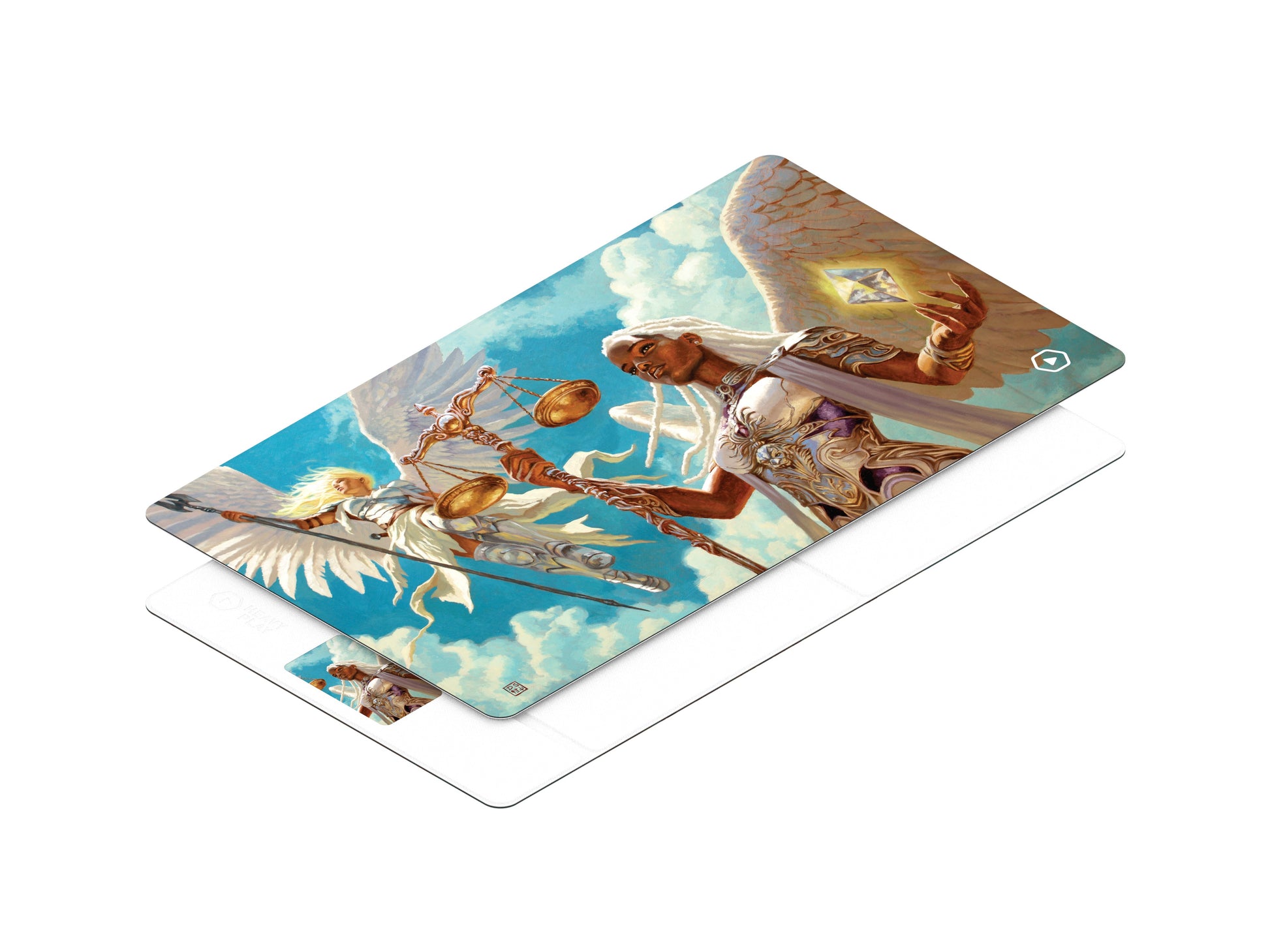 Heavy Play ETB Playmat: Dan Scott - Angels (PREORDER) - Rectangular playmat featuring vibrant artwork of white angelic figures against a blue sky background with golden accents.