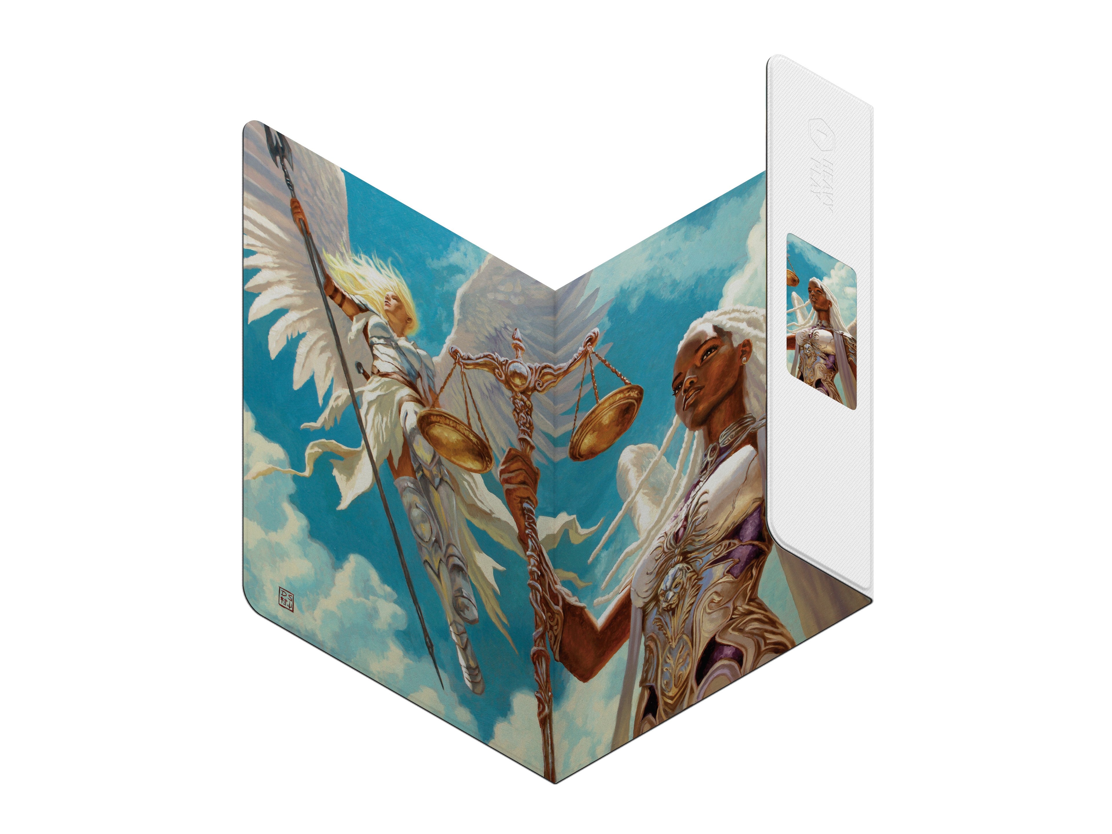 Heavy Play ETB Playmat: Dan Scott - Angels (PREORDER) - Tri-fold playmat with vibrant angel artwork featuring detailed wings and golden weapons against a blue sky background.