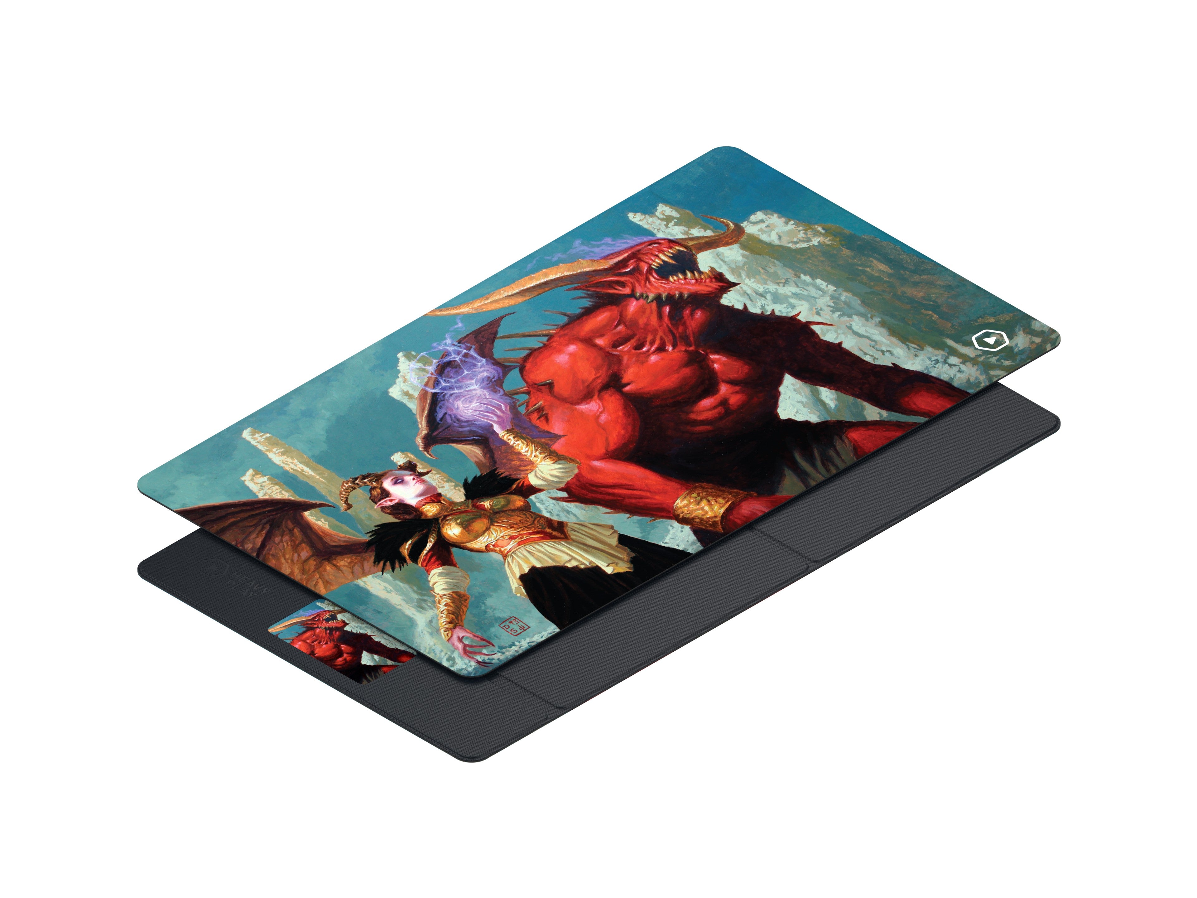Heavy Play ETB Playmat: Dan Scott - Demons (PREORDER) - Rectangular playmat featuring vivid artwork of a red demon and winged character on a cloudy blue background, with a black.