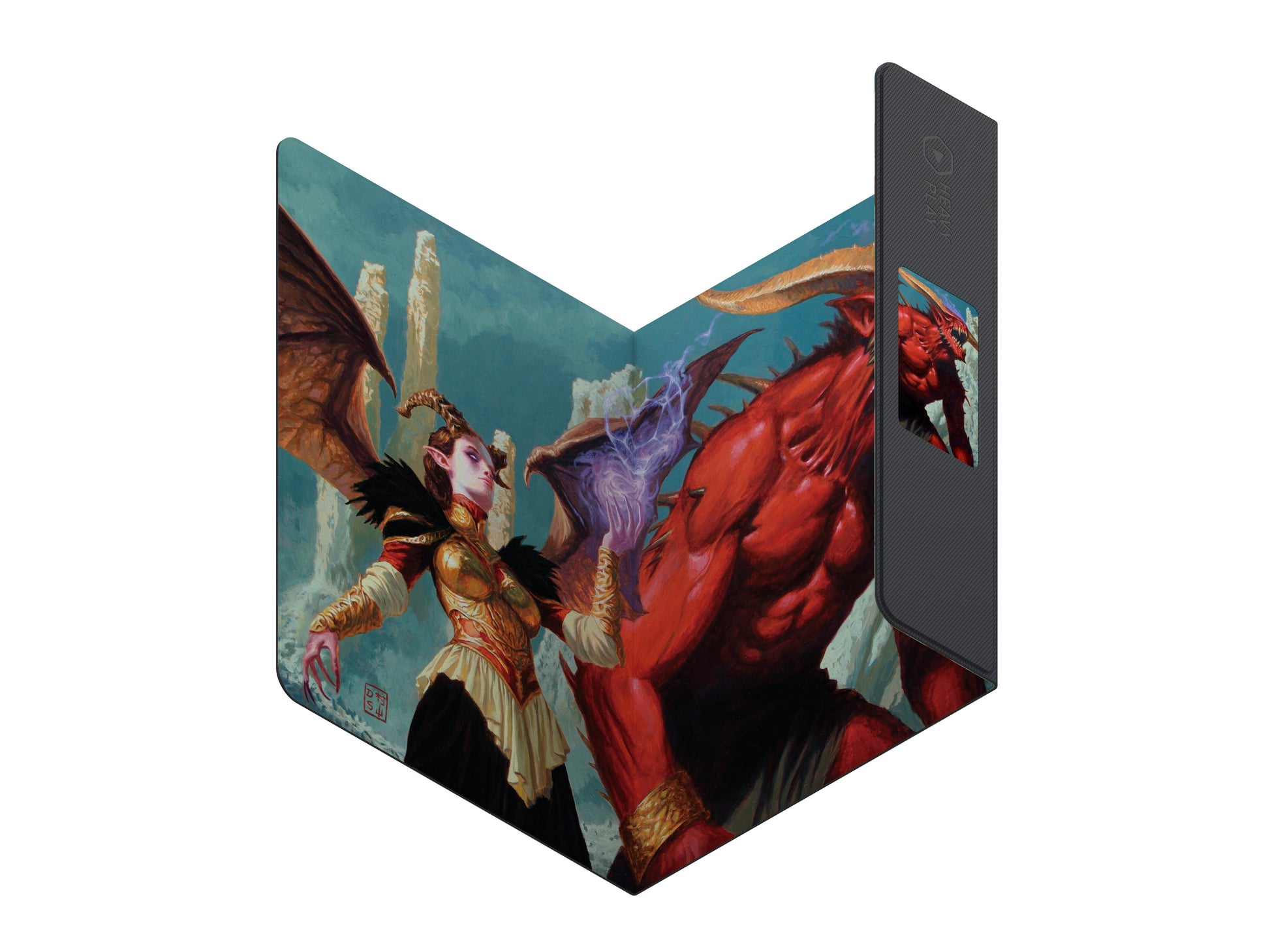 Heavy Play ETB Playmat: Dan Scott - Demons (PREORDER) - Folded playmat featuring vibrant fantasy artwork of a red demon and armored winged warrior with weapons.