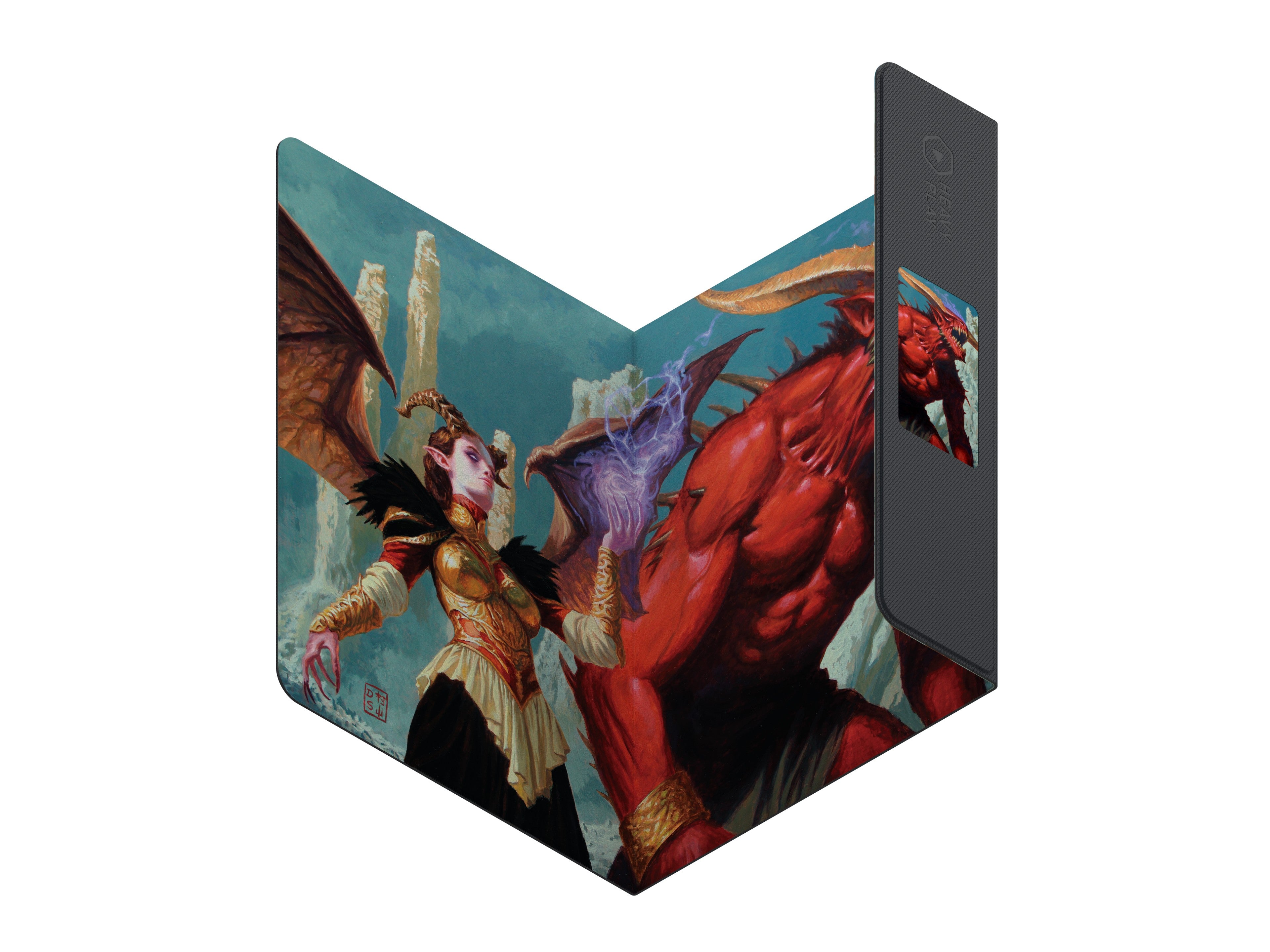 Heavy Play ETB Playmat: Dan Scott - Demons (PREORDER) - Folded playmat featuring vibrant fantasy artwork of a red demon and armored winged warrior with weapons.