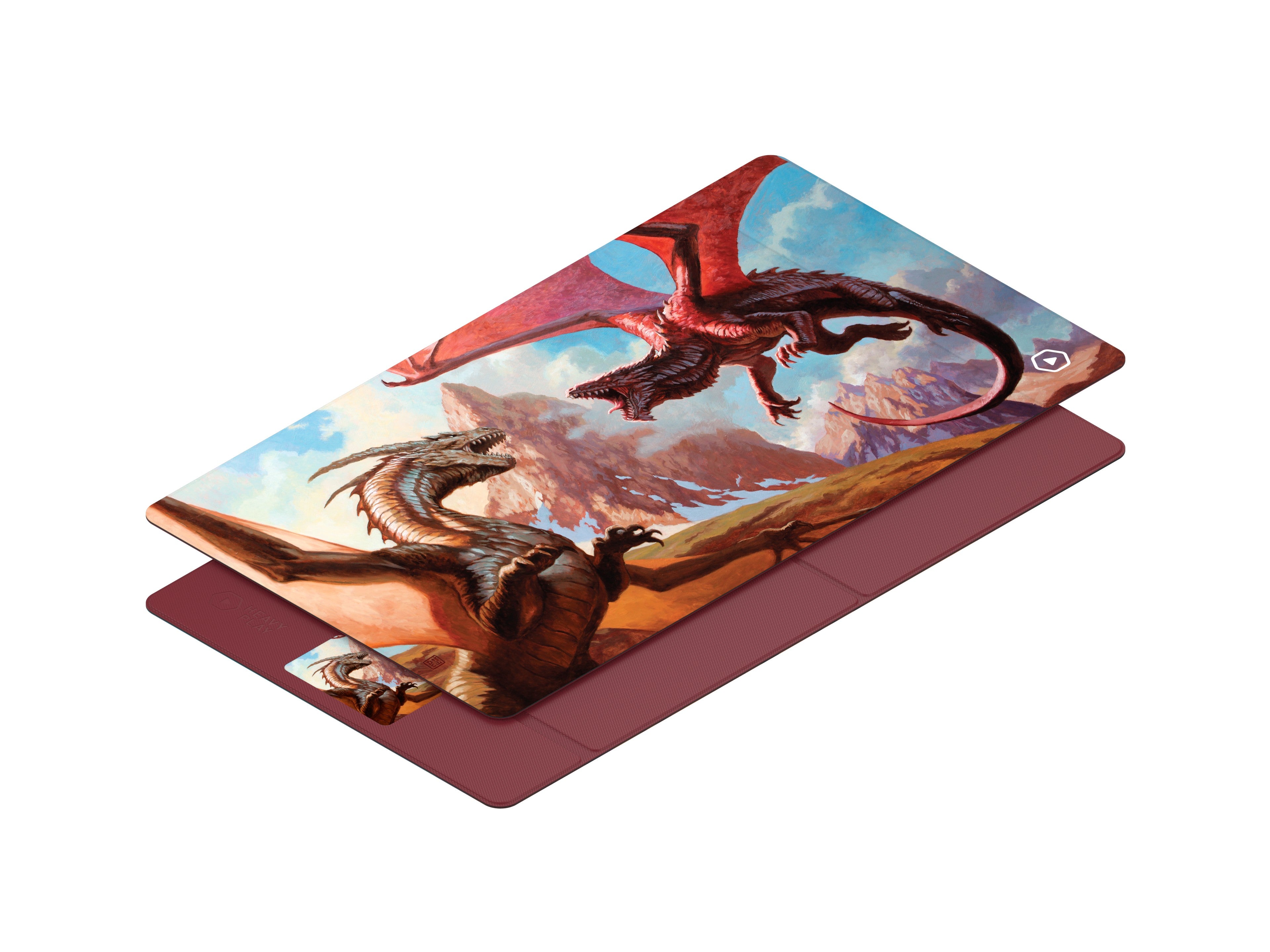 Heavy Play ETB Playmat: Dan Scott - Dragons (PREORDER) - Folded playmat with detailed dragon artwork in red and brown tones, set against a blue sky background.