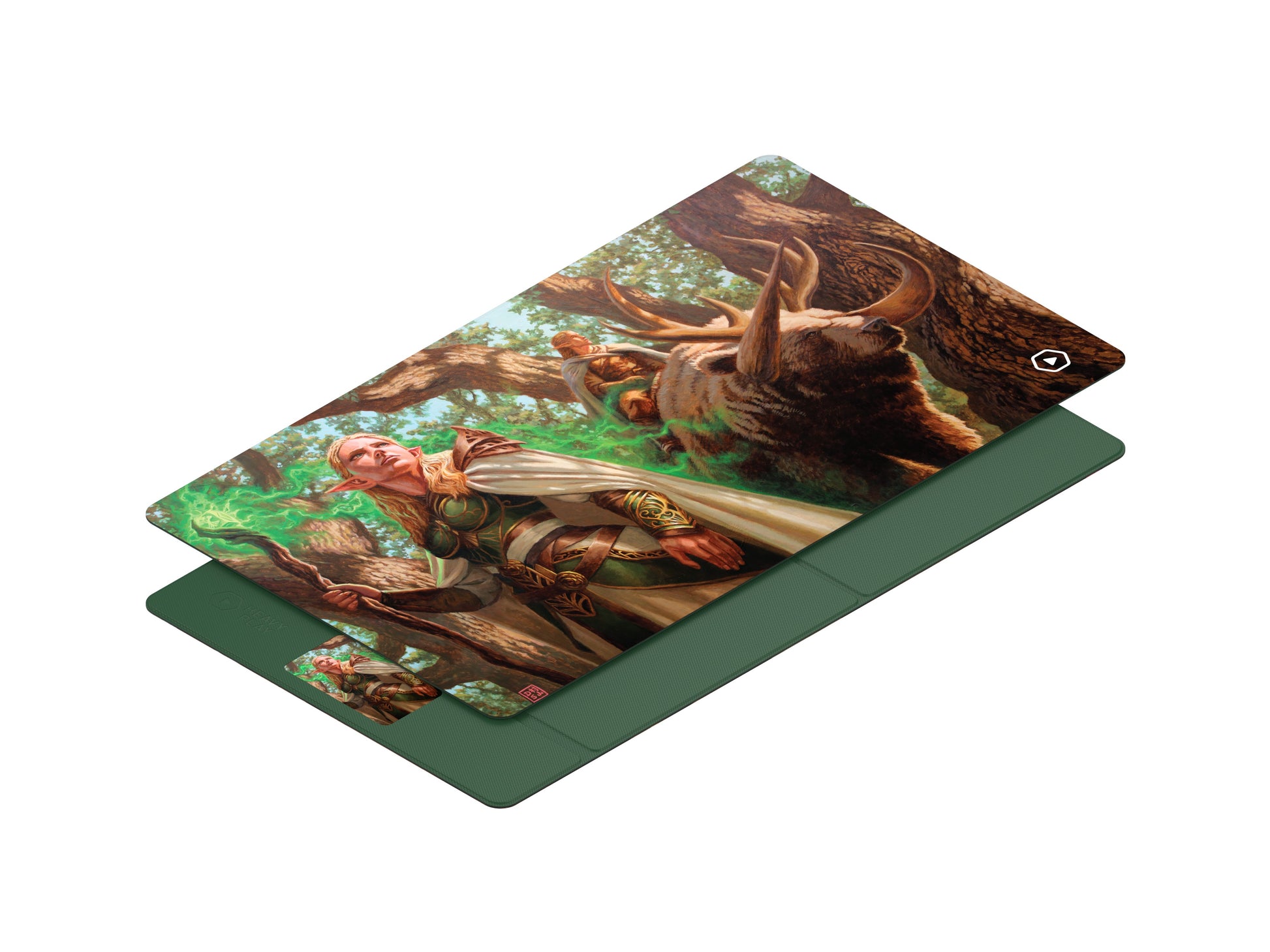 Heavy Play ETB Playmat: Dan Scott - Elves (PREORDER) - Rectangular playmat featuring detailed fantasy elves art with earthy tones and a green backside.