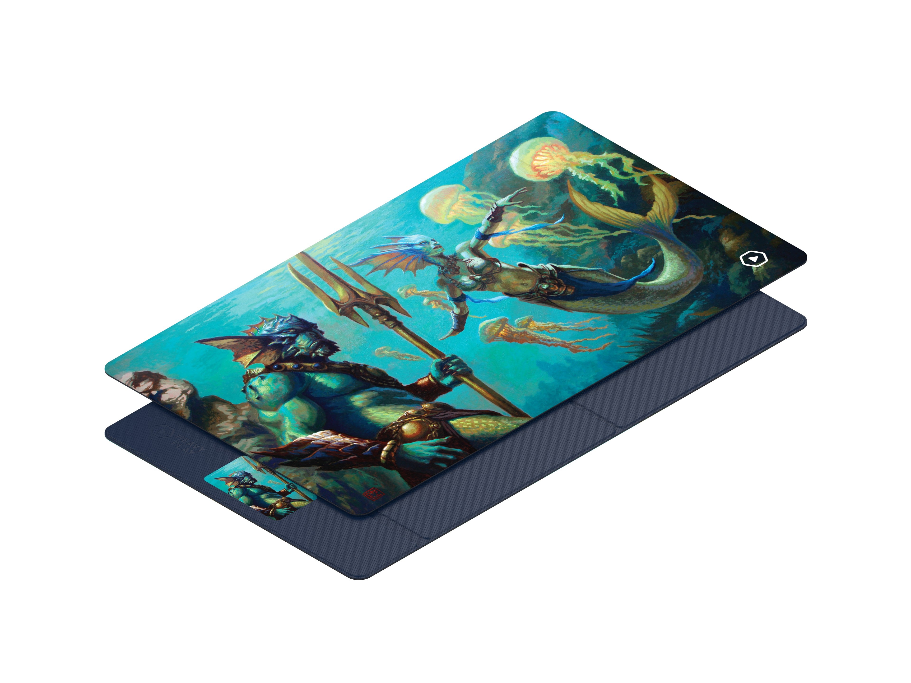 Heavy Play ETB Playmat: Dan Scott - Merfolk (PREORDER) - Blue and teal fantasy-themed playmat featuring merfolk warriors with tridents, smooth flexible surface.