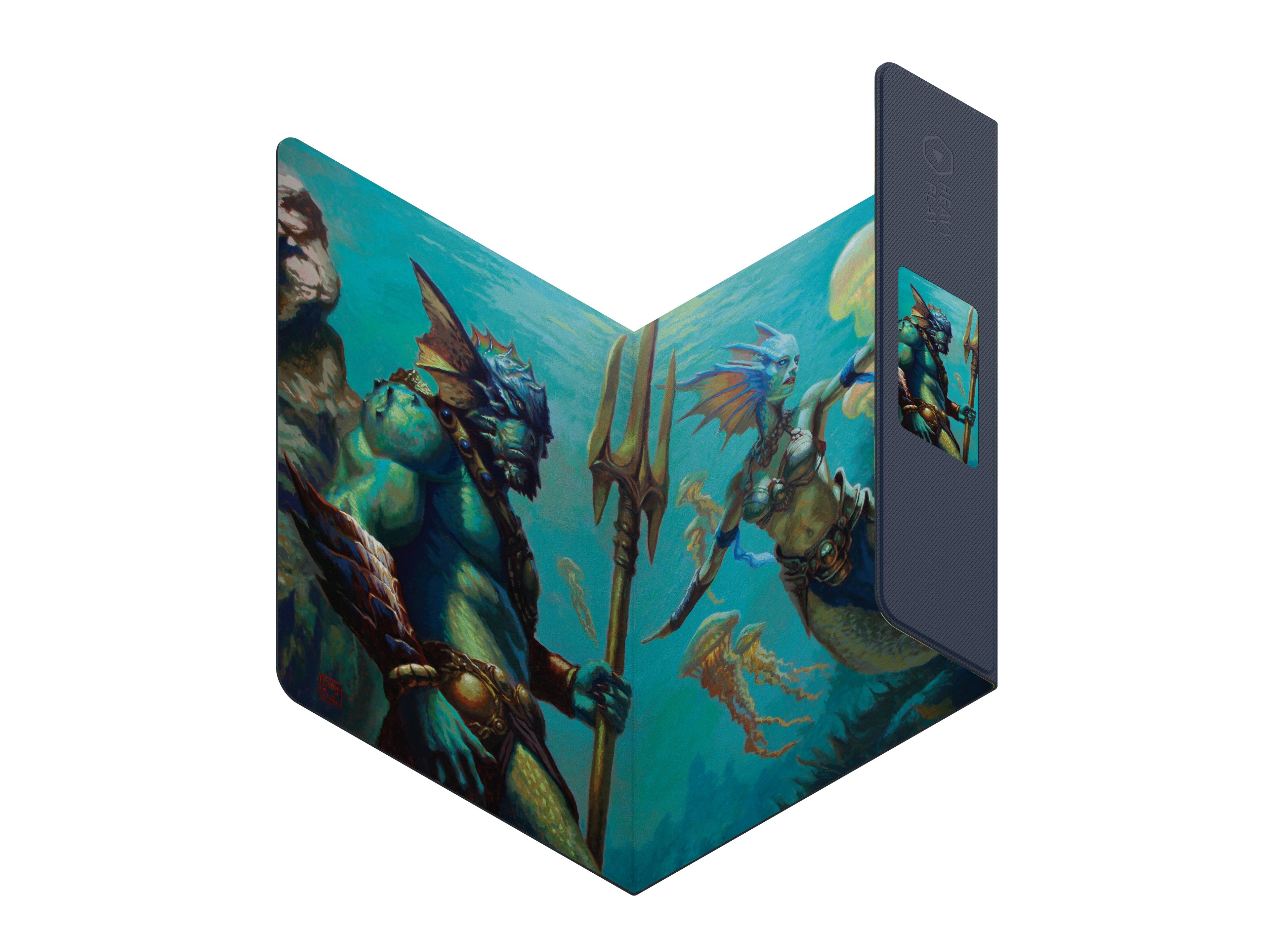 Heavy Play ETB Playmat: Dan Scott - Merfolk (PREORDER) - Folded blue and teal playmat featuring detailed merfolk warriors with tridents and aquatic motifs, made of durable fabric.