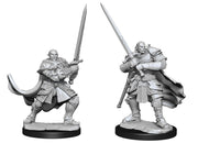 D&D Nolzur's Marvelous Miniatures: Half-Orc Paladin Male - Gray plastic miniature of a half-orc paladin wielding a large sword, clad in detailed armor with a flowing cape.
