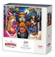 Boardwalk 500 Piece Puzzle: Happy Llama-ween - Colorful 500-piece puzzle box featuring three llamas dressed in Halloween costumes with pumpkin buckets.
