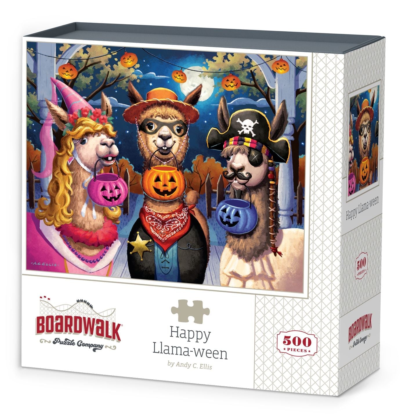Boardwalk 500 Piece Puzzle: Happy Llama-ween - Colorful 500-piece puzzle box featuring three llamas dressed in Halloween costumes with pumpkin buckets.