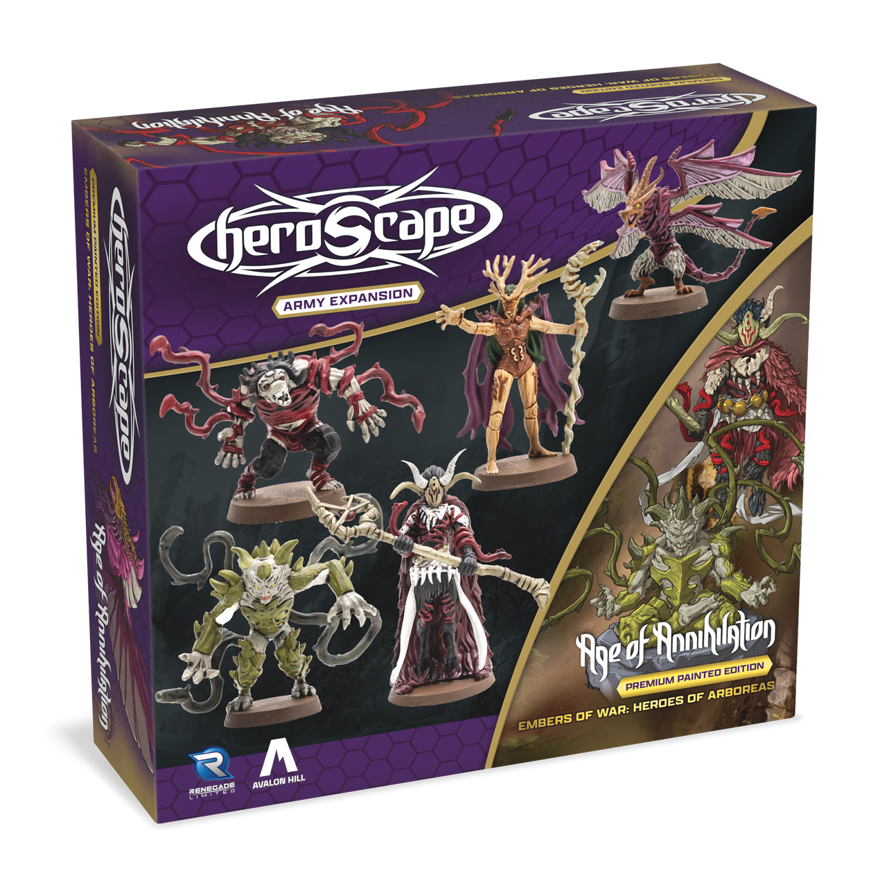 Heroscape: Army Expansion - Heroes of Arboreas - Heroscape Army Expansion box with detailed fantasy hero miniatures in vibrant colors on dark purple background.