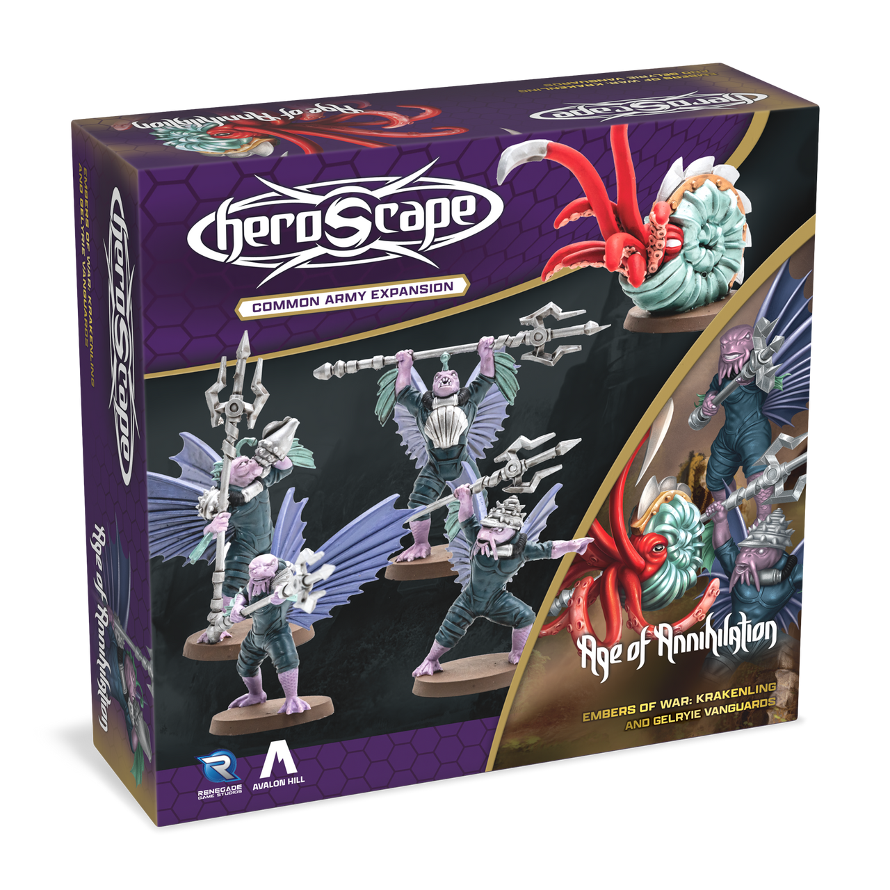 Heroscape: Army Expansion - Krakenling and Gelryie Vanguards - Heroscape expansion box featuring Krakenling and Gelryie Vanguard detailed miniatures with purple wings and aquatic weaponry