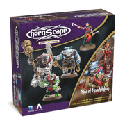 Heroscape: Army Expansion - Crimson Widow and Dreadnoughts of Caraway Cavern - Heroscape Army Expansion box with painted Crimson Widow and Dreadnoughts miniatures on black and purple background.