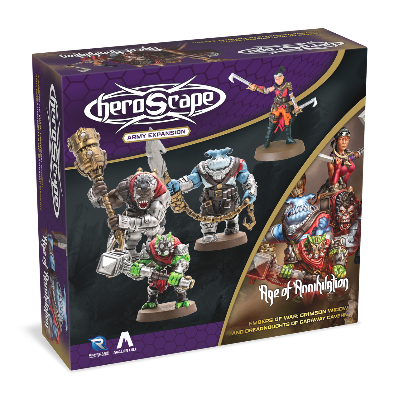 Heroscape: Army Expansion - Crimson Widow and Dreadnoughts of Caraway Cavern - Heroscape Army Expansion box with painted Crimson Widow and Dreadnoughts miniatures on black and purple background.