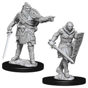 D&D Nolzur's Marvelous Miniatures: Hobgoblins - Two unpainted gray plastic miniatures of hobgoblins on round black bases; one stands commanding with sword and pointing.