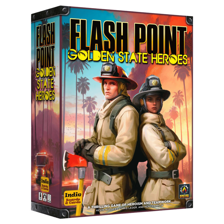 Flash Point: Golden State Heroes (PREORDER) - Flash Point Golden State Heroes cooperative board game box with firefighter and police officer artwork on colorful sunset.