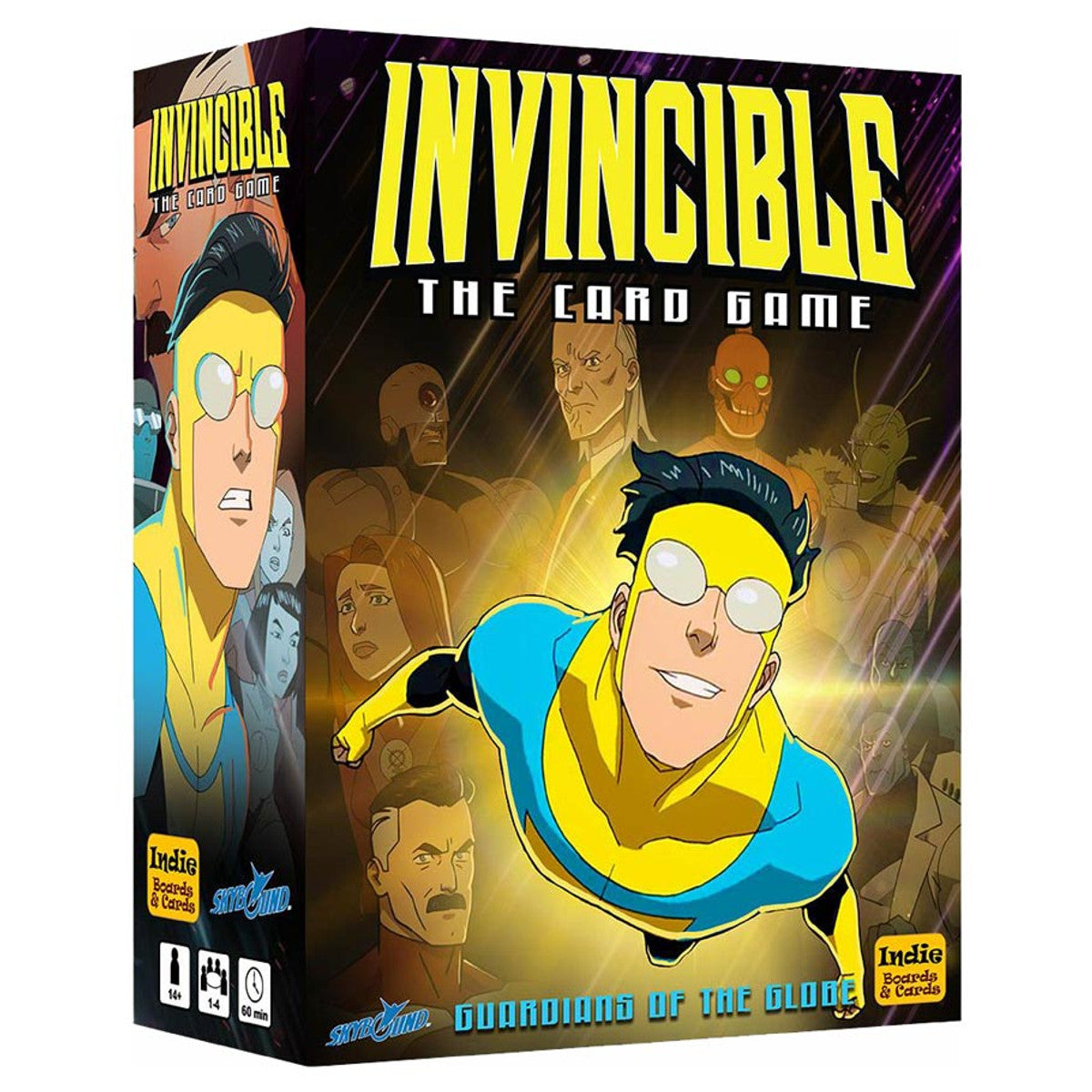 Invincible: Guardians of the Globe - Card game box featuring colorful superhero characters with a bold yellow and blue logo on a dark background.