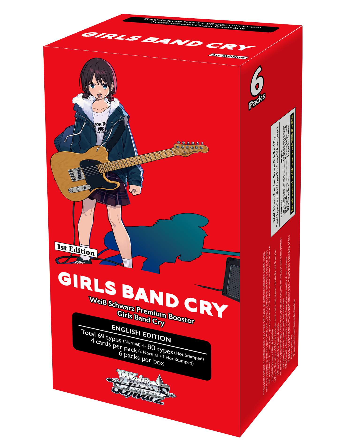 Weiss Schwarz: Girls Band Cry Premium Booster Box - Red rectangular box featuring an anime girl holding a guitar, labeled Girls Band Cry Weiss Schwarz trading card game premium