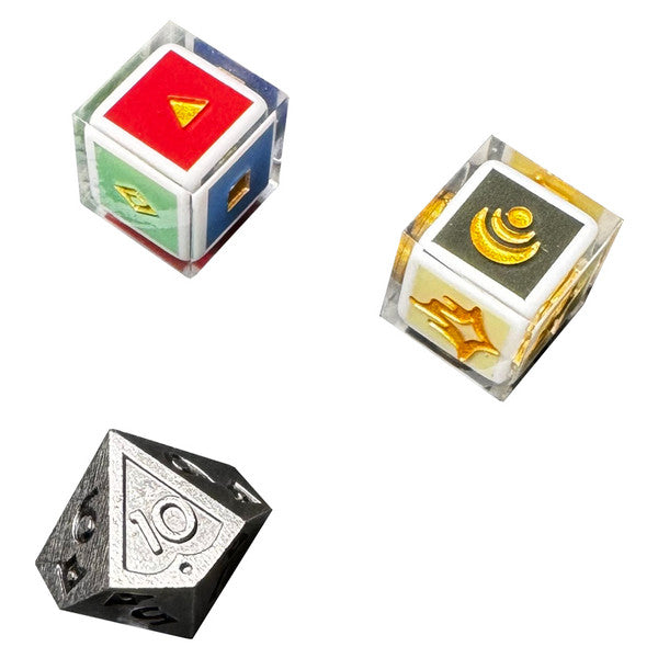 Kinfire Delve Upgrade Kit - One clear cube with a red face and yellow triangle, another clear cube with gold icons, and a black 12-sided die with silver