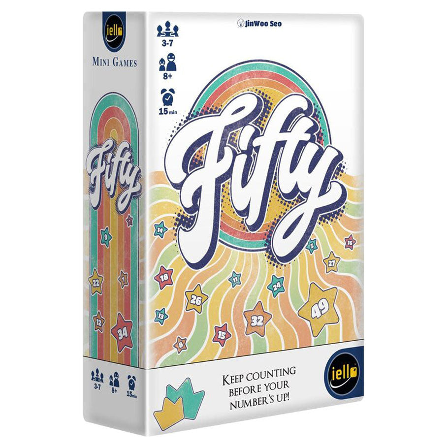 Fifty (PREORDER) - Card game box with colorful retro design, large "Fifty" text, stars, and rainbow on a white background.