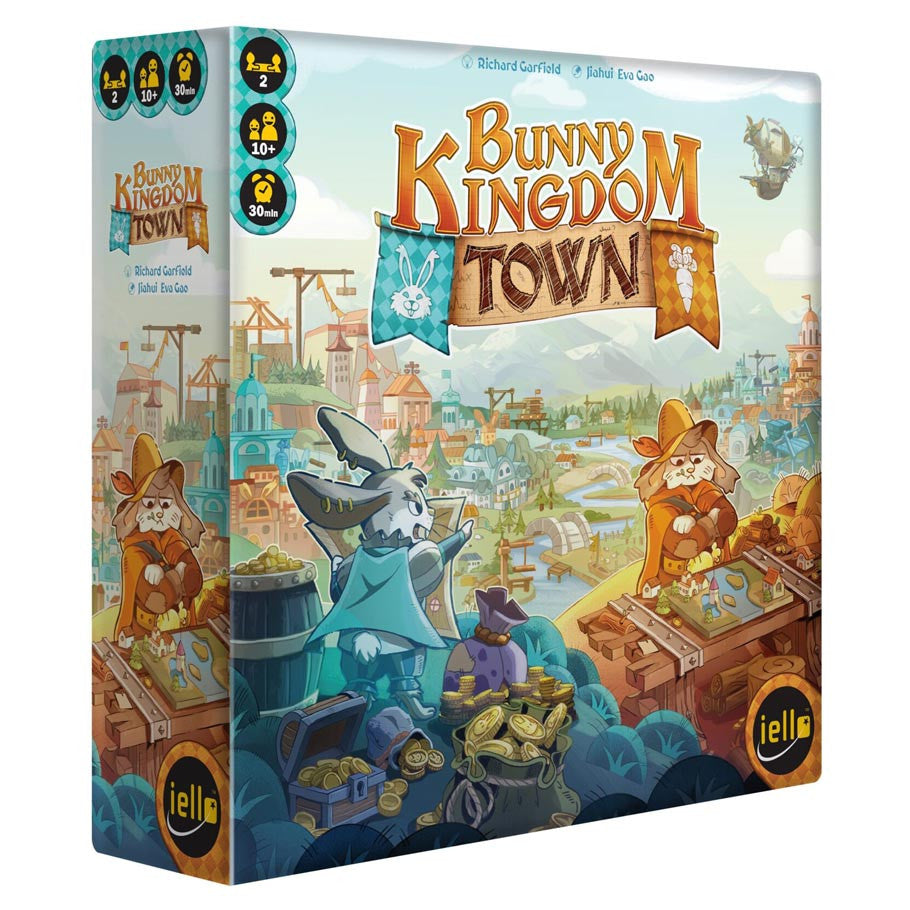 Bunny Kingdom Town (PREORDER) - Colorful board game box featuring anthropomorphic rabbits in medieval town setting with banners and market stalls.
