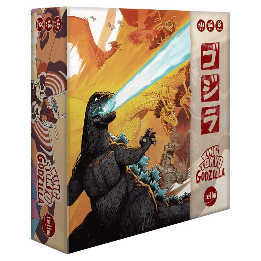 King of Tokyo: Godzilla (PREORDER) - King of Tokyo board game box featuring Godzilla breathing blue atomic breath, vibrant orange and yellow background with.