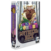 Mythical Dice - Rectangular game box for Mythical Dice featuring a muscular minotaur and a blonde woman with six colorful dice below them.