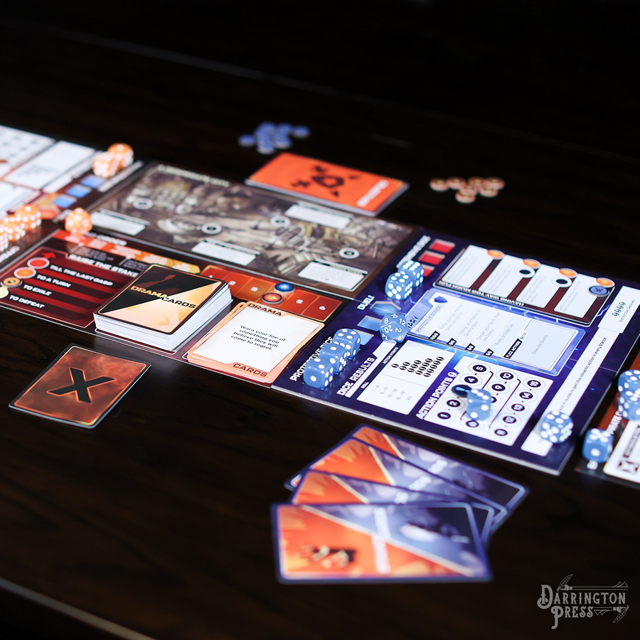 Till The Last Gasp - Board game setup with modular tiles, cards featuring text and symbols, orange and blue tokens, and player boards with status