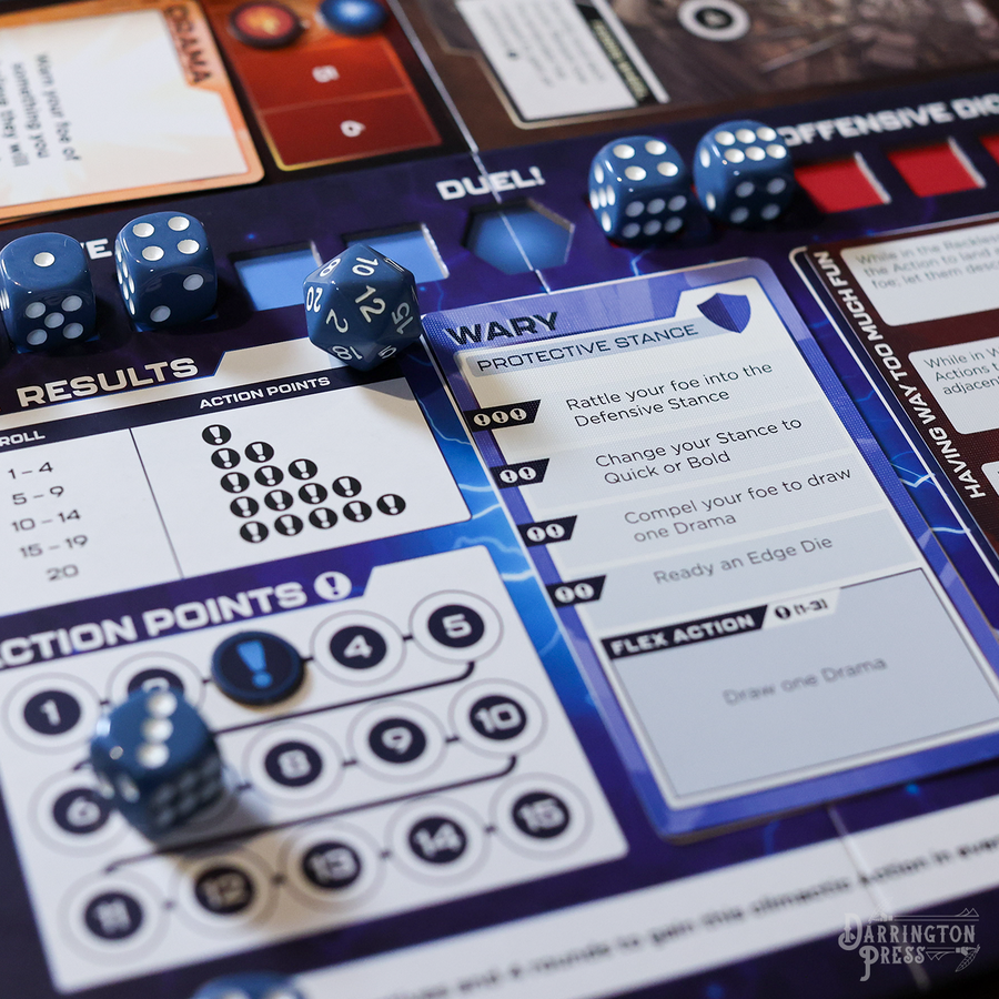 Till The Last Gasp - Board game setup featuring detailed player sheets with action points and dice rolls, blue polyhedral dice on white and blue.