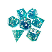 Frozen Prism Dice Set - Set of seven translucent teal gaming dice with white numbers, including d4, d6, d8, d10, d12, d20, and percentile dice.