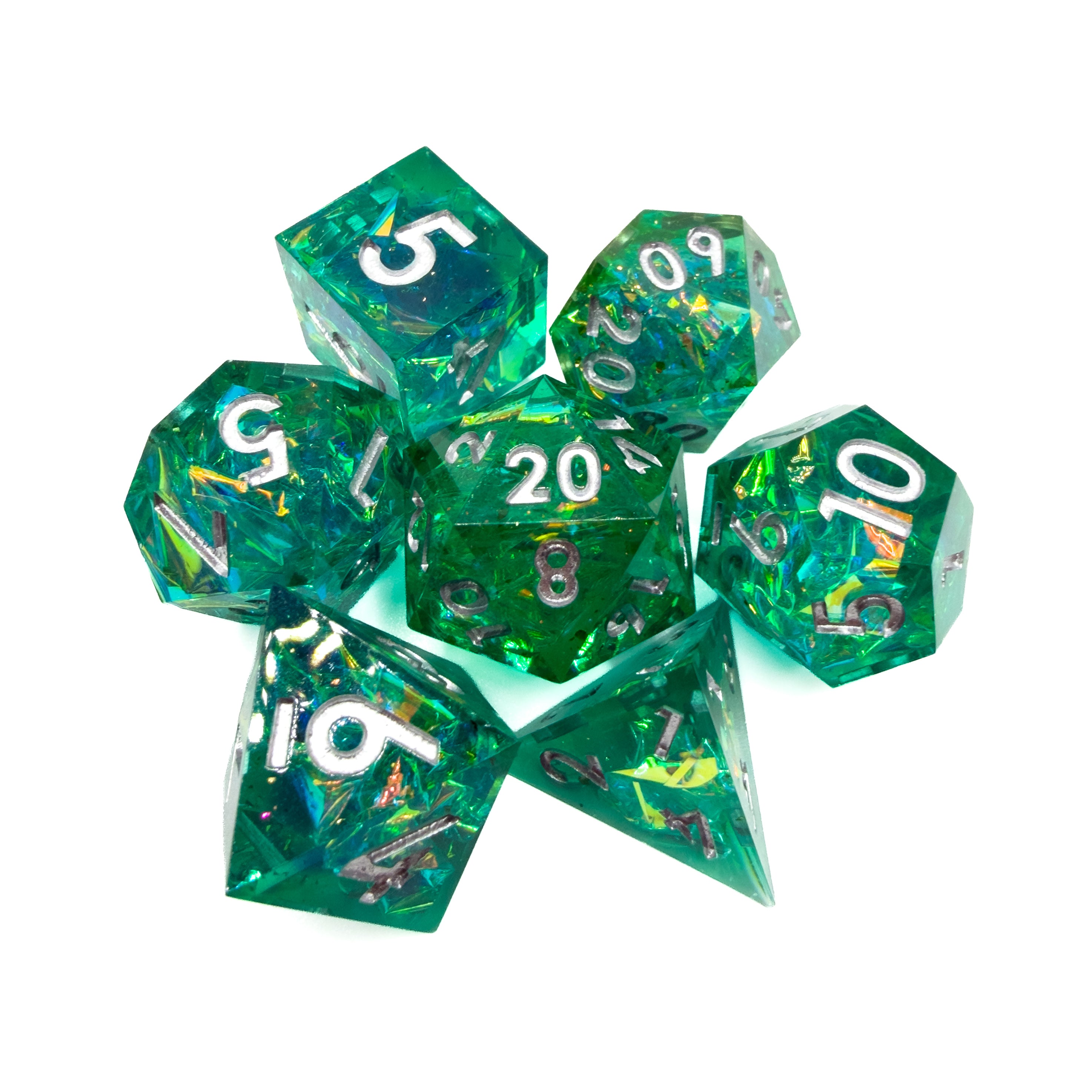 Blessed Beacon Dice Set - Translucent green polyhedral dice set with gold metallic flakes and white numbers, includes d4, d6, d8, d10, d12, and d20.